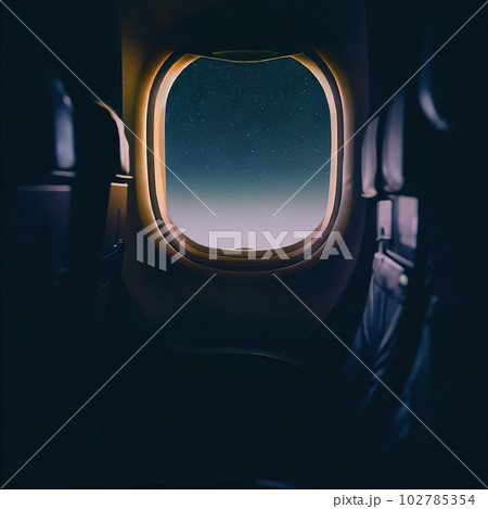 Looking out of the window of the plane, sitting in the cabin,night sky Looking out of the window of the plane, sitting in the cabin,night sky 102785354