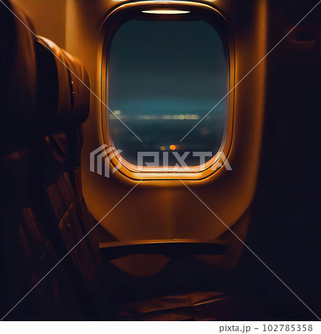 Looking out of the window of the plane, sitting in the cabin,night sky Looking out of the window of the plane, sitting in the cabin,night sky 102785358