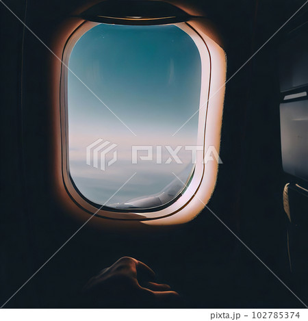 Looking out of the window of the plane, sitting in the cabin,night sky Looking out of the window of the plane, sitting in the cabin,night sky 102785374