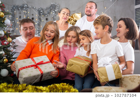 Portrait of happy family who is satisfied of presents in time celebration New Year in home 102787104