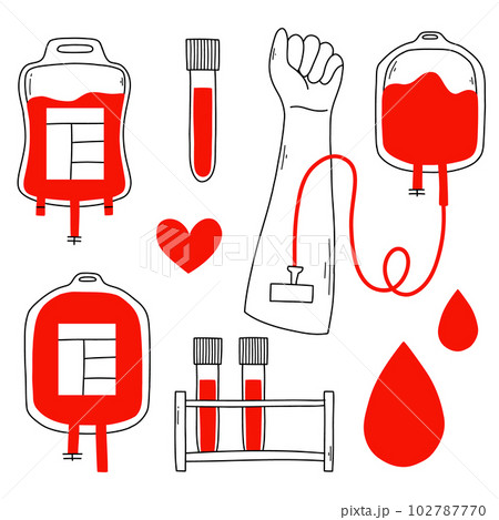 Blood donation set in doodle style. Vector illustration. Linear collection of elements with blood. Blood bag, test tube with blood. Blood analysis. Blood donation set in doodle style. Vector illustration. Linear collection of elements with blood. Blood bag, test tube with blood. Blood analysis. 102787770
