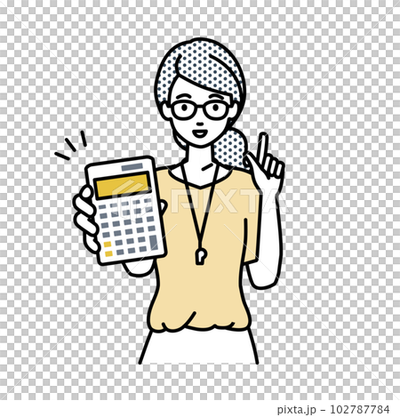 立って電卓を持ってこちらに向けて見せている教師の女性 102787784