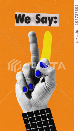 Contemporary art collage of female palm showing middle finger to all problems over orange color background. Concept of gestures, surrealism 102787803