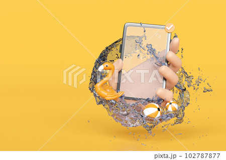 3d hand holding smartphone with water splash, flamingo isolated on yellow background. hand using mobile phone, online shopping, summer travel vacation concept, 3d render illustration 102787877