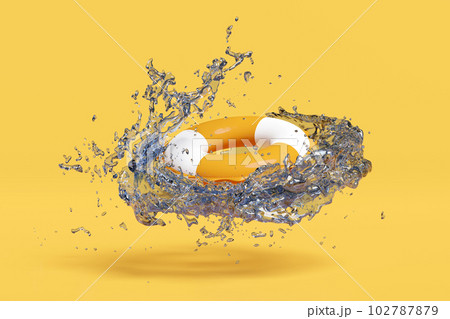 orange swim ring with water splash isolated on yellow background. summer travel concept, 3d illustration or 3d render orange swim ring with water splash isolated on yellow background. summer travel concept, 3d illustration or 3d render 102787879