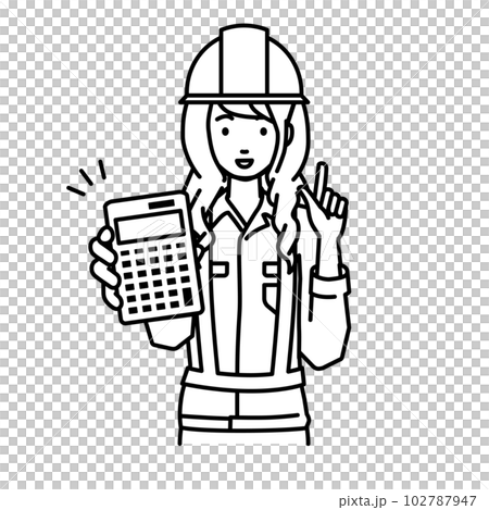 立って電卓を持ってこちらに向けて見せている工事現場の女性 立って電卓を持ってこちらに向けて見せている工事現場の女性 102787947