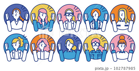 多種多様な職業の女性が応援をしているシンプルなアイコンセットB(円形) 多種多様な職業の女性が応援をしているシンプルなアイコンセットB(円形) 102787985
