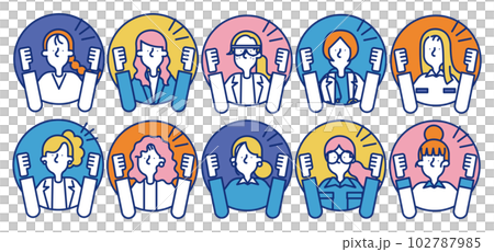 多種多様な職業の女性が応援をしているシンプルなアイコンセットB(円形) 多種多様な職業の女性が応援をしているシンプルなアイコンセットB(円形) 102787985