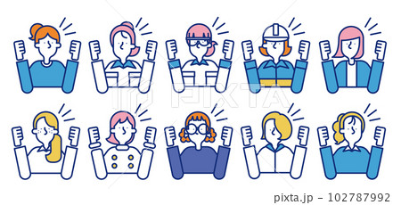 多種多様な職業の女性が応援をしているシンプルなアイコンセットA 102787992
