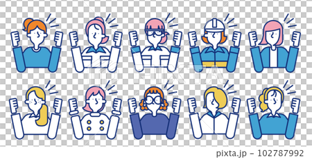 多種多様な職業の女性が応援をしているシンプルなアイコンセットA 102787992