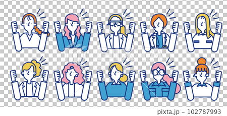 多種多様な職業の女性が応援をしているシンプルなアイコンセットB 102787993