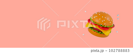 Delicious cheese burger icon 3d illustration on pink background. Banner for a cafe with a juicy hamburger on the background, space for text and advertising 102788883
