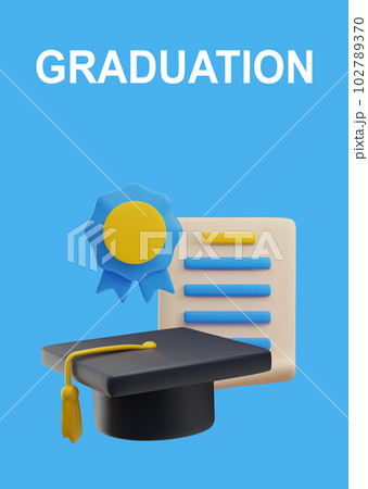 Realistic 3d vector illustration of success graduate college, high school or university cap with paper, diploma, medal 102789370