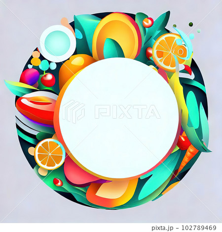 Abstract design of a circular frame with Variety of fruits and vegetables around it, used for banners, flyers, posters, advertisements  102789469