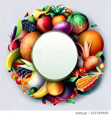 Abstract design of a circular frame with Variety of fruits and vegetables around it, used for banners, flyers, posters, advertisements Abstract design of a circular frame with Variety of fruits and vegetables around it, used for banners, flyers, posters, advertisements 102789480