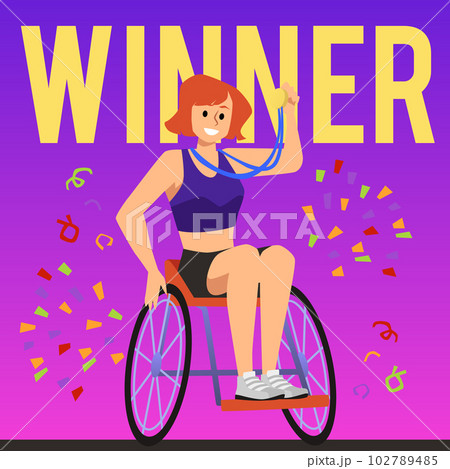 Squared banner with happy winner woman in wheelchair flat style Squared banner with happy winner woman in wheelchair flat style 102789485