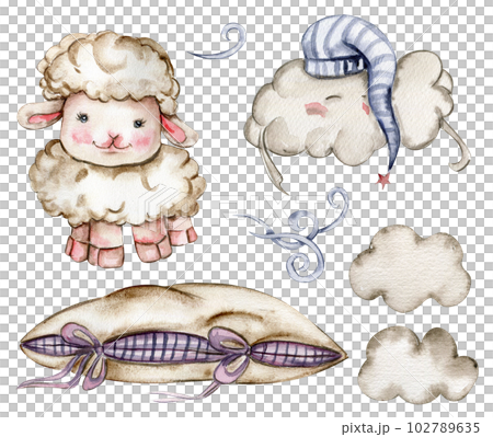 Watercolor hand drawn cute white fluffy sheep, clouds and soft pillows. Illustration of farm baby animal on a white background.Perfect for wedding invitation, greetings card, posters, fabric patterns. 102789635
