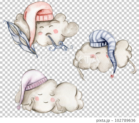 Watercolor hand drawn cute white sleeping clouds in cartoon style. Illustration for baby on a white background. Perfect for wedding invitation, greetings card, posters, fabric patterns. 102789636
