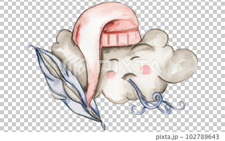 Watercolor hand drawn cute white sleeping clouds in cartoon style. Illustration for baby on a white background. Perfect for wedding invitation, greetings card, posters, fabric patterns. Watercolor hand drawn cute white sleeping clouds in cartoon style. Illustration for baby on a white background. Perfect for wedding invitation, greetings card, posters, fabric patterns. 102789643
