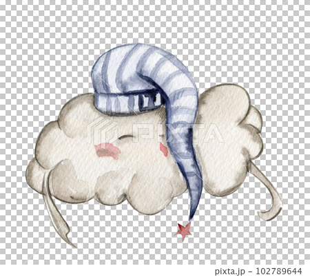 Watercolor hand drawn cute white sleeping clouds in cartoon style. Illustration for baby on a white background. Perfect for wedding invitation, greetings card, posters, fabric patterns. Watercolor hand drawn cute white sleeping clouds in cartoon style. Illustration for baby on a white background. Perfect for wedding invitation, greetings card, posters, fabric patterns. 102789644