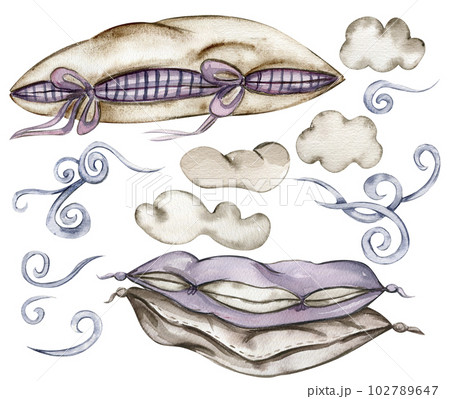 Watercolor hand drawn cute white clouds and soft pillows. Illustration for baby on a white background. Perfect for wedding invitation, greetings card, posters, fabric patterns. 102789647