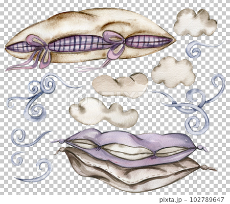 Watercolor hand drawn cute white clouds and soft pillows. Illustration for baby on a white background. Perfect for wedding invitation, greetings card, posters, fabric patterns. 102789647