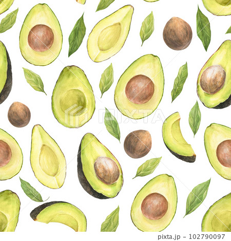 Watercolor seamless pattern with illustration of appetizing green sliced hass avocados with pit and leaves on white background. 102790097