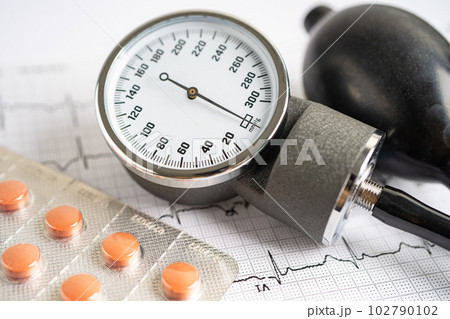 Blood pressure with drug pills on electrocardiogram ECG. Blood pressure with drug pills on electrocardiogram ECG. 102790102