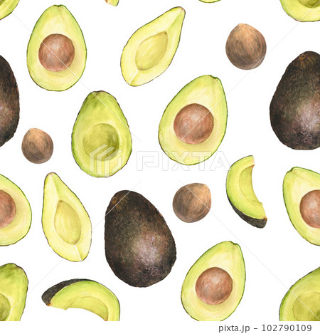 Watercolor seamless pattern with illustration of appetizing green sliced hass avocados with pit on white background. 102790109