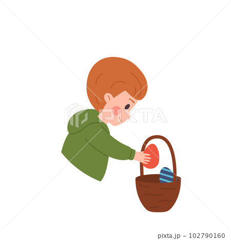 Smiling little boy collecting Easter eggs in basket, cartoon flat vector illustration isolated on white background. 102790160