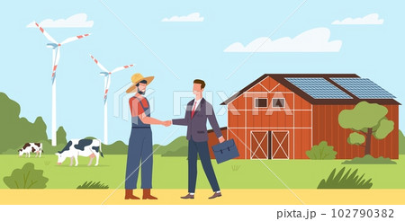 Farmer and businessman shake hands, agree to supply organic products. Countryside summer landscape, eco vegetables and meat produce. Cartoon flat style isolated vector business concept 102790382