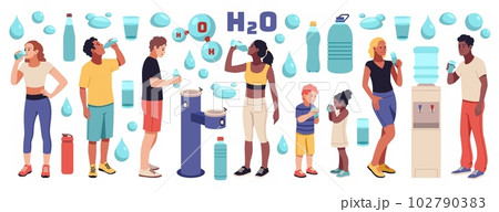 Drinking water. Happy cute people holding bottles and glasses with clean water, body hydration process, boy and girl near cooler. Healthy lifestyle. Cartoon flat isolated tidy vector set 102790383