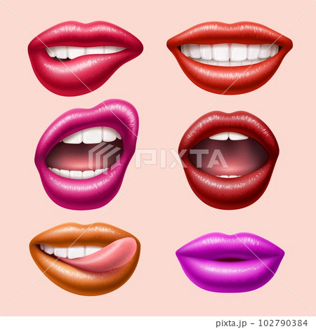 Different colors realistic lips. Female bright mouths, smiling and sexy shapes, 3d white teeth, licking, biting and grin, different colors lipstick, 3d isolated elements, utter vector set 102790384