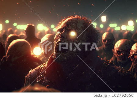 Zombies with scary faces in the crowd during the zombie apocalypse. Horror theme for Halloween or game party ad. Generated AI. 102792650
