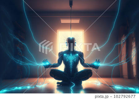 Digital era man meditating in neon wires, with consciousness connected to the world via technological structure. Generated AI. 102792677