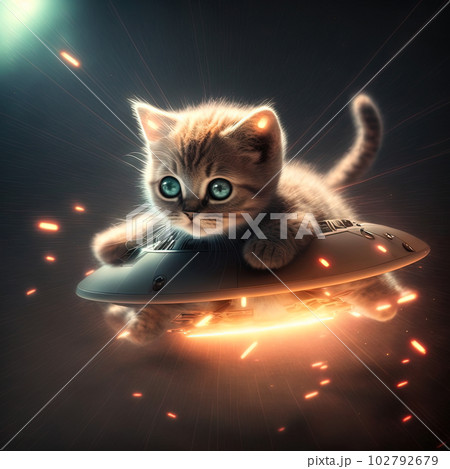 Cute fluffy kitten driving UFO in space. Funny cat rides sci-fi spacecraft or alien spaceship. Generated AI. 102792679