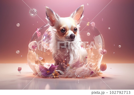 Tiny dog portrait. Cute fluffy puppy with big eyes. Generated AI. Tiny dog portrait. Cute fluffy puppy with big eyes. Generated AI. 102792713