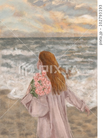 A woman running along the seashore. Modern Boho Pink Sea with Waves Art Print. Abstract Minimal Background. Bohemian printable wall art, boho poster, pastel abstract art, landscape drawing, sea 102793193