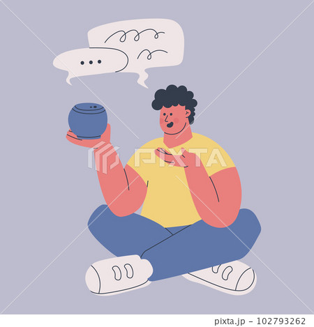 Young man is using a voice assistant. A cute character holds a wireless speaker on his hand. Friendship between humans and artificial intelligence. 102793262