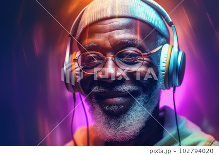 Senior African man in headphones. Forever young, aging well, balaced life, positive mindset concept. Generative AI Senior African man in headphones. Forever young, aging well, balaced life, positive mindset concept. Generative AI 102794020