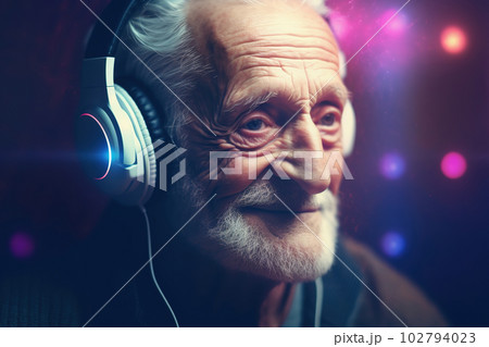 Senior man in headphones. Forever young, aging well, balaced life, positive mindset concept. Generative AI 102794023