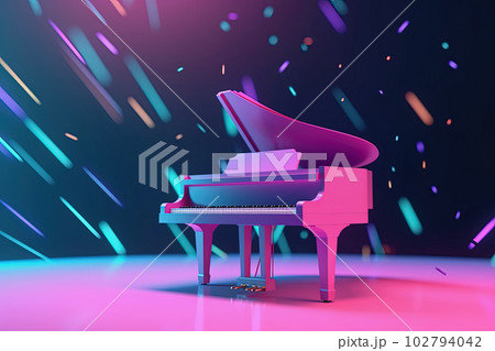 Grand piano on stage, black with colorful neon light background. Generative AI 102794042
