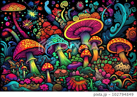 Psychedelic hippie mushrooms in retro styleのイラスト素材