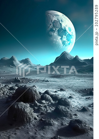 Fantastic lunar surface and blue Earth planet at night in deep space. Generative AI illustration 102795289