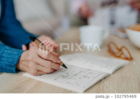 Close up of senior woman doing crossword puzzle. 102795469