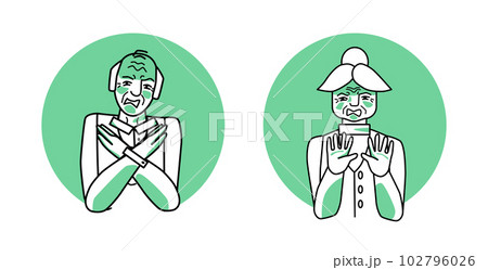 Old man and elder woman with emotion of disgust circle icons, facial expression with hands. Disgusted people expressing their negative revulsion feeling with gestures. Old man and elder woman with emotion of disgust circle icons, facial expression with hands. Disgusted people expressing their negative revulsion feeling with gestures. 102796026