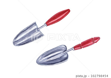 Small steel shovels with red wooden handles isolated on white background. Hand tools to prepare soil for planting. Watercolor illustration for the design of booklet, flyer, label, package. 102798454
