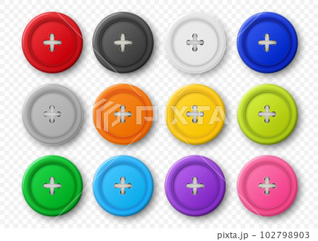 Vector 3d Realistic Buttons for Clothes Icon Set Closeup Isolated. Fashion, Art, Needlework, Sewing, Scrapbooking Decor. Round Clothes Button Collection, Top View Vector 3d Realistic Buttons for Clothes Icon Set Closeup Isolated. Fashion, Art, Needlework, Sewing, Scrapbooking Decor. Round Clothes Button Collection, Top View 102798903