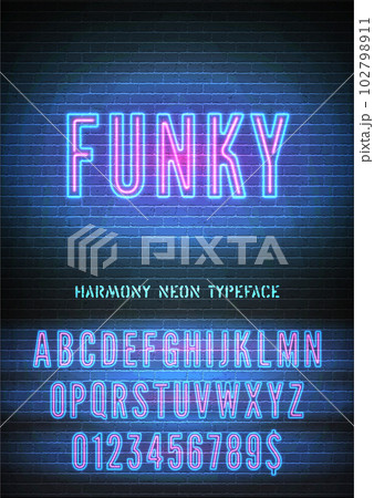 Funky sign and pink blue neon narrow bold font with numbers on vector brick wall background. Carefree night light alphabet glow effect Funky sign and pink blue neon narrow bold font with numbers on vector brick wall background. Carefree night light alphabet glow effect 102798911