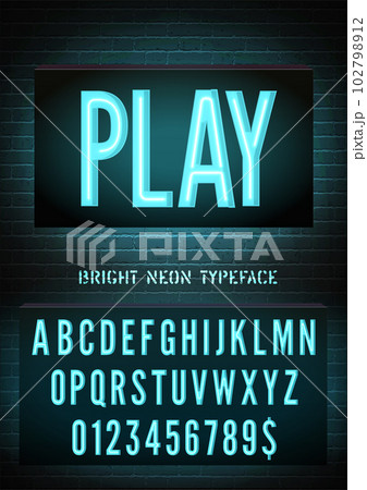 Narrow blue neon box font with numbers on brick wall background. Vector play night light box sign Narrow blue neon box font with numbers on brick wall background. Vector play night light box sign 102798912